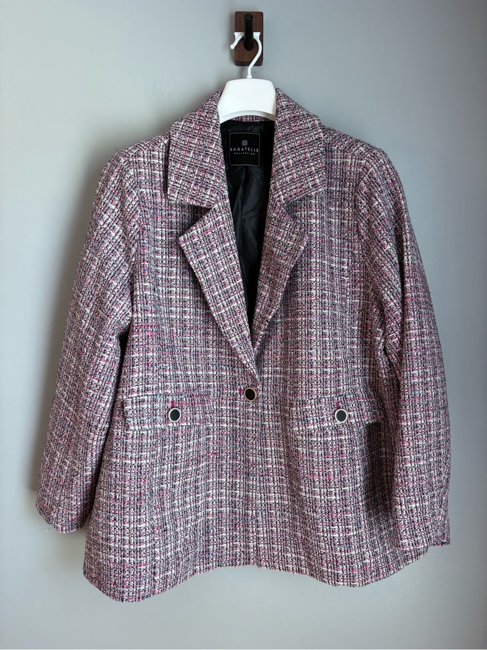 NWT Bagatelle Collection Pink Plaid Tweed Bouclé Blazer Jacket Womens L